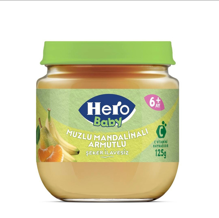 پوره میوه مخلوط گلابی، نارنگی و موز هرو بیبی hero baby (مخصوص ۶ ماه به بالا)