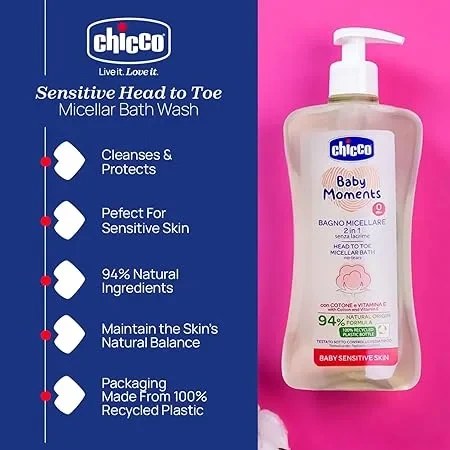 شامپو سر و بدن کودک میسلار 2 در 1 چیکو chicco حاوی روغن پنبه و ویتامین E حجم 500 میل (ضد حساسیت)